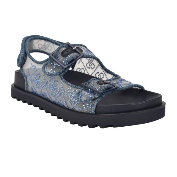 GUESS Women's Blue Frella Two Band Embellished Footbed Sandals - Picture 8 of 8